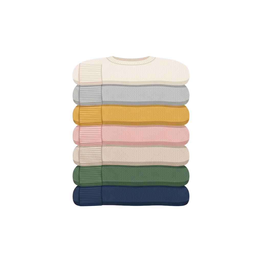 Seven ribbed knit sweaters in different pastel colors stacked vertically on a black background