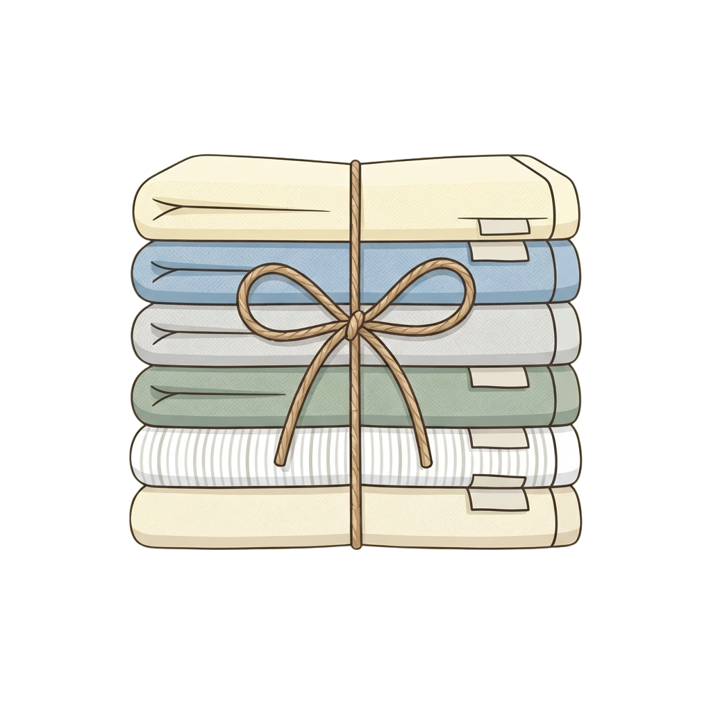 Five neatly folded towels in pastel colors tied together with a brown ribbon.