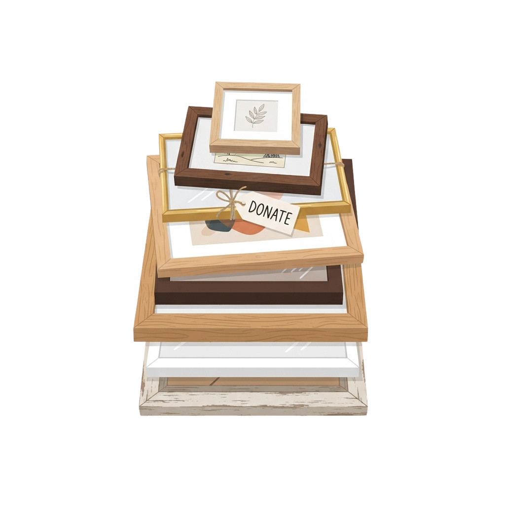 Three wooden picture frames stacked with a donation tag on top