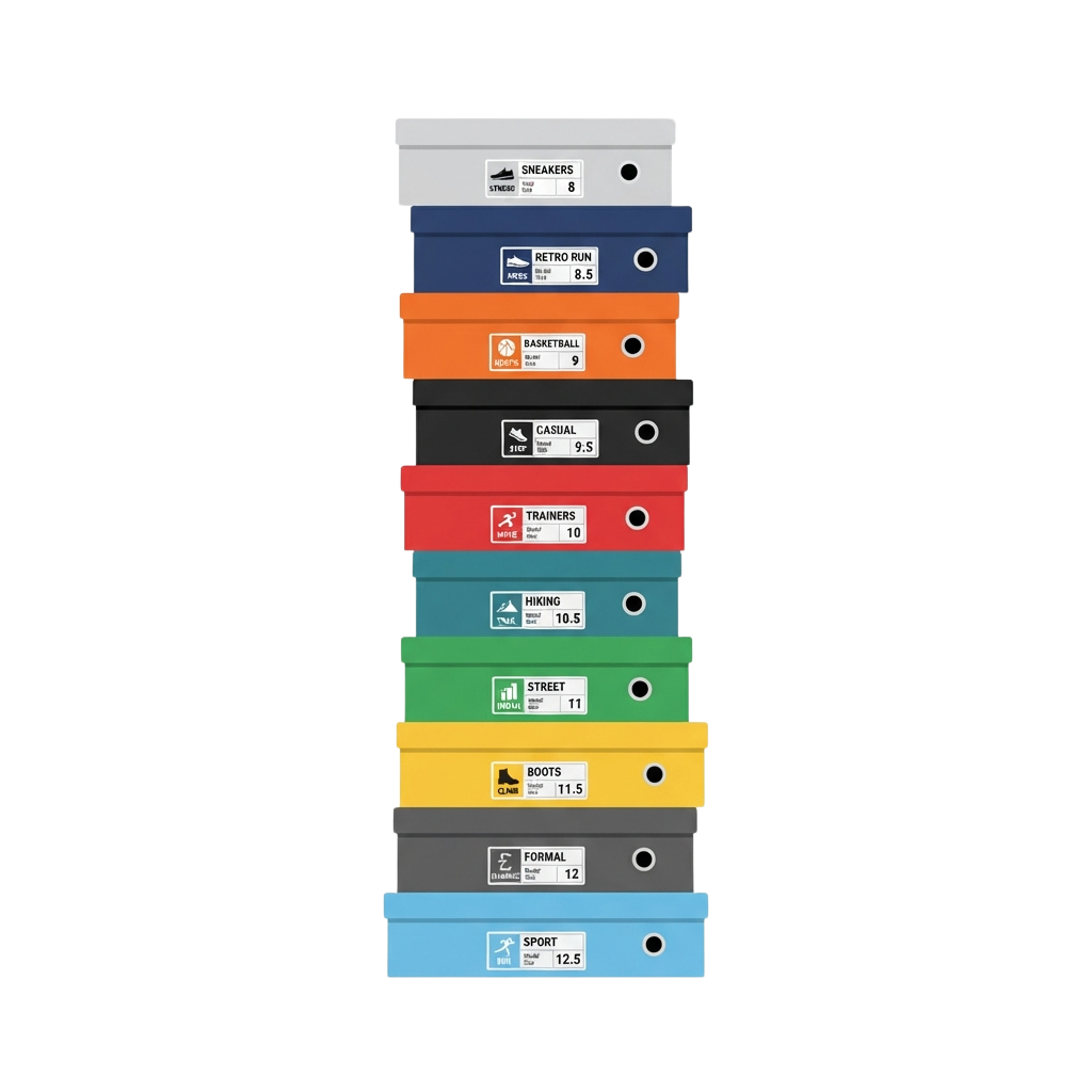 Stacked boxes showing shoe sizes for various footwear categories from size 8 to 12.5