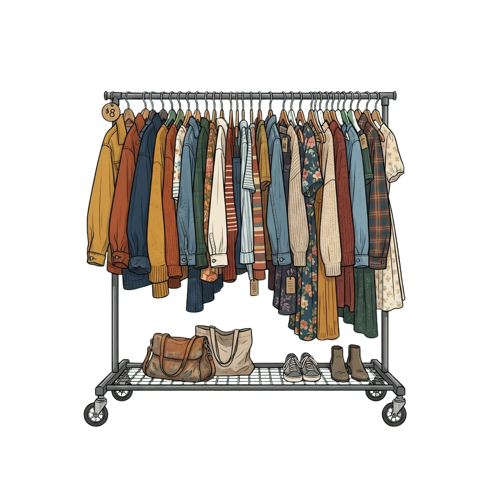 A metal closet organizer filled with various jackets, coats, and accessories including bags and shoes