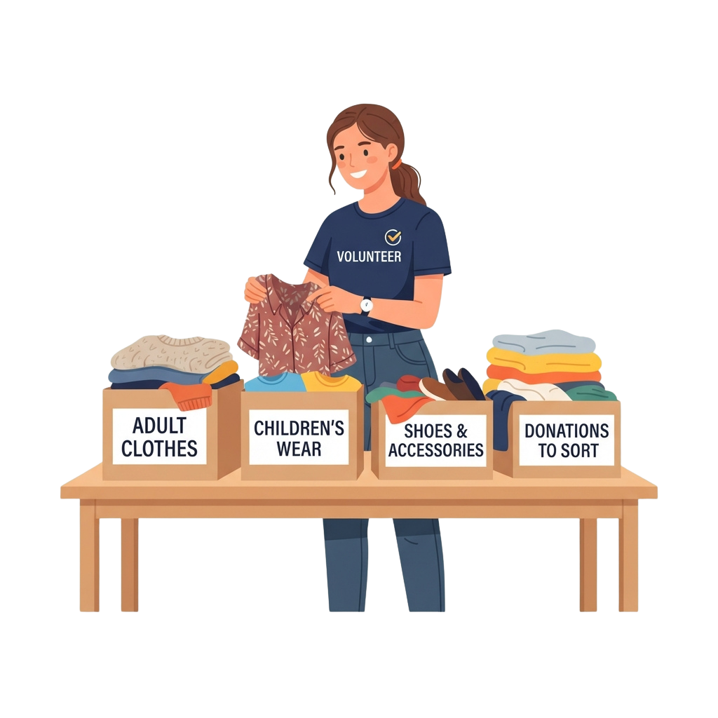 Volunteer organizing donated clothes into categories: adult clothes, children's wear, shoes accessories, and donations to sort