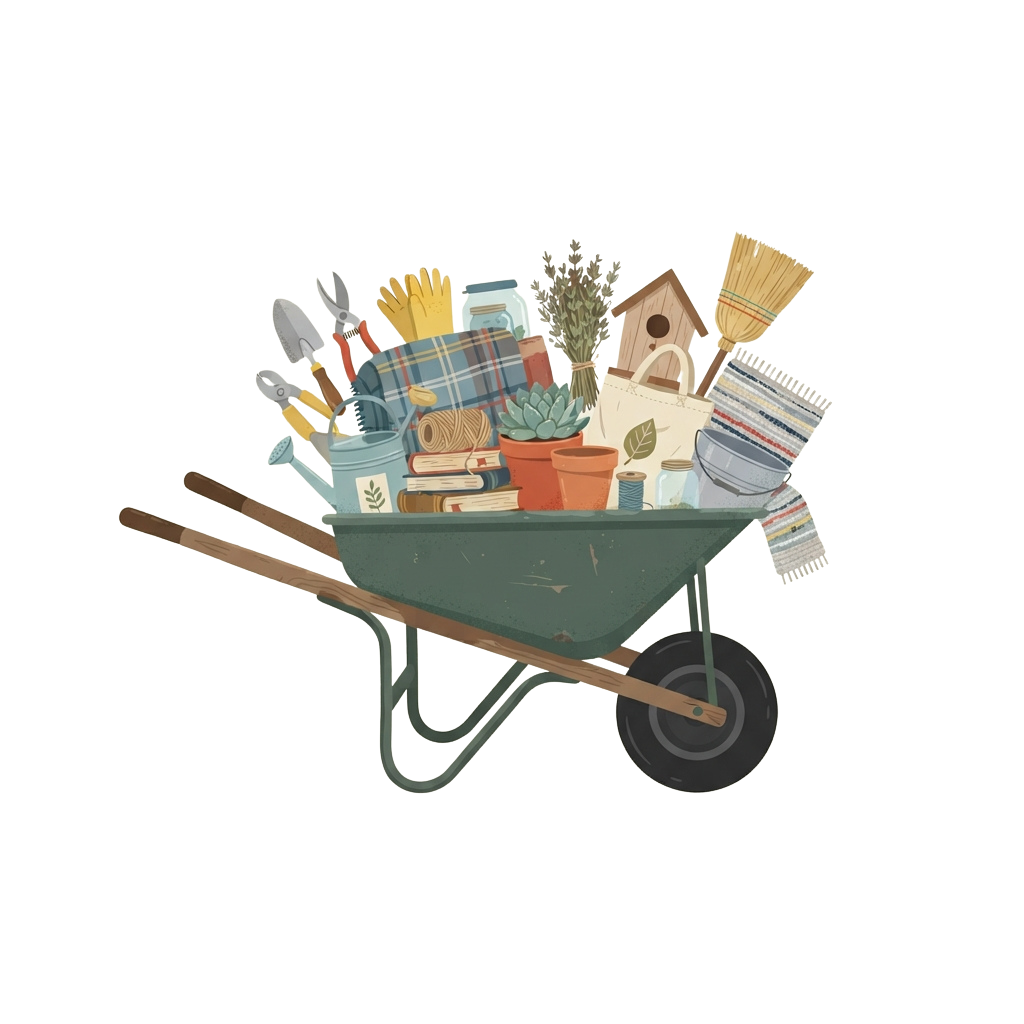Wheelbarrow filled with gardening tools, gloves, plants, and supplies