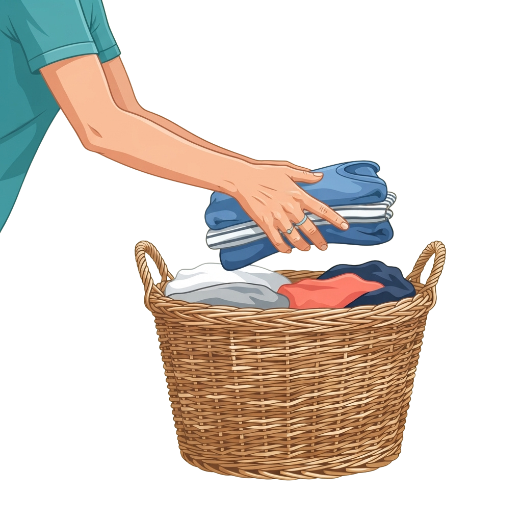 Hand placing folded clothes into a wicker laundry basket