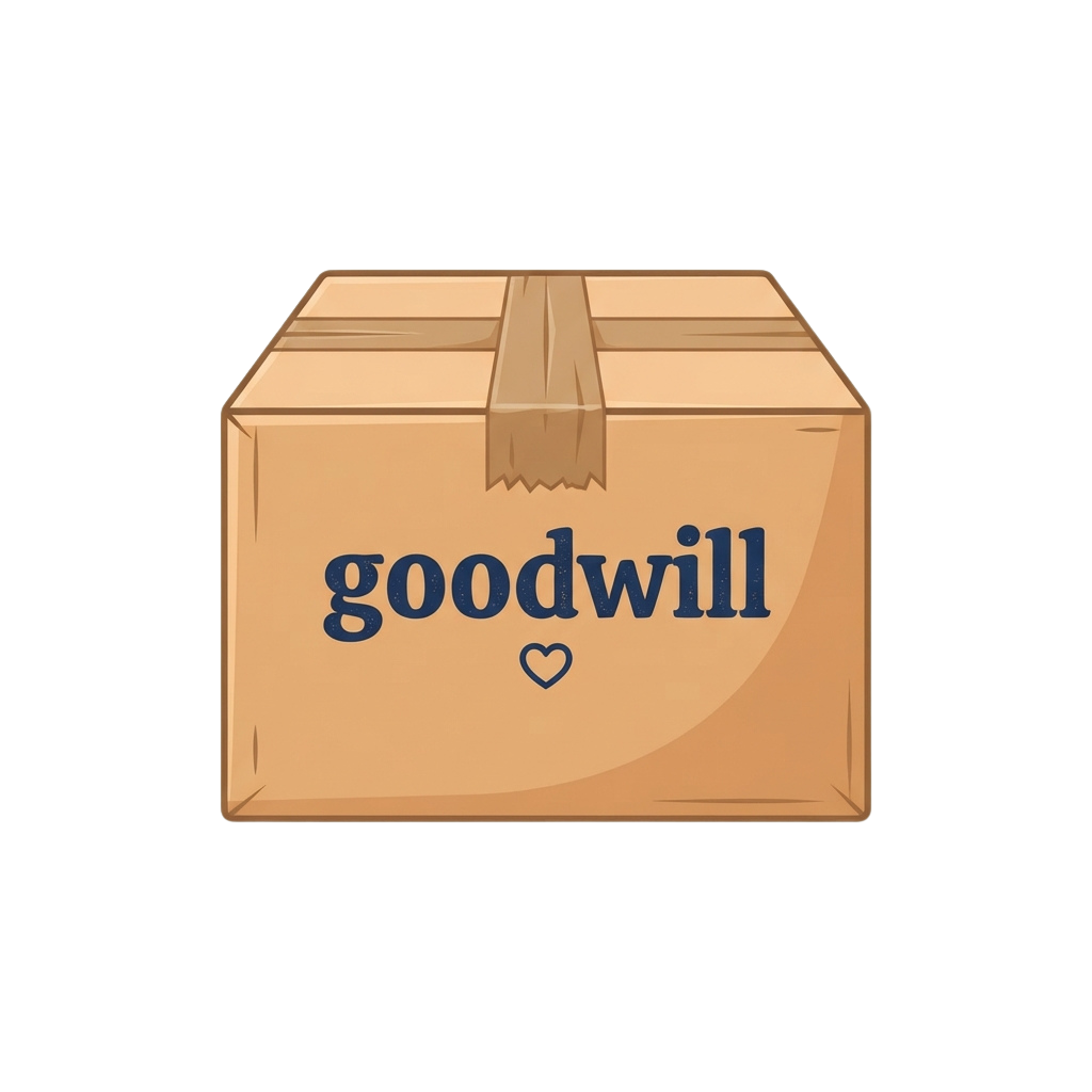 Illustration of a cardboard box labeled Goodwill with a heart symbol and brown tape on top