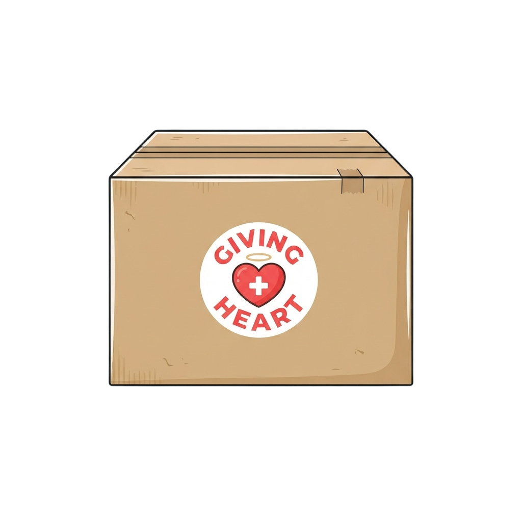 Illustration of a cardboard box with Giving Heart logo featuring a red heart and cross symbol