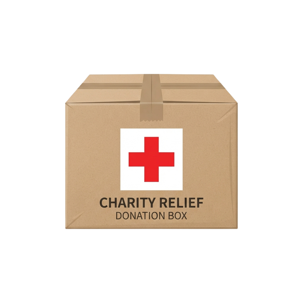 Brown cardboard donation box labeled Charity Relief with a red cross symbol