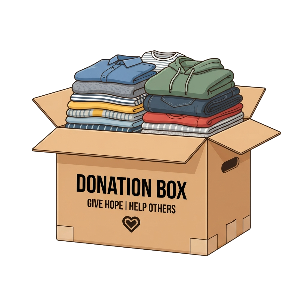 Illustration of a donation box filled with folded clothes and labeled Donation Box Give Hope Help Others