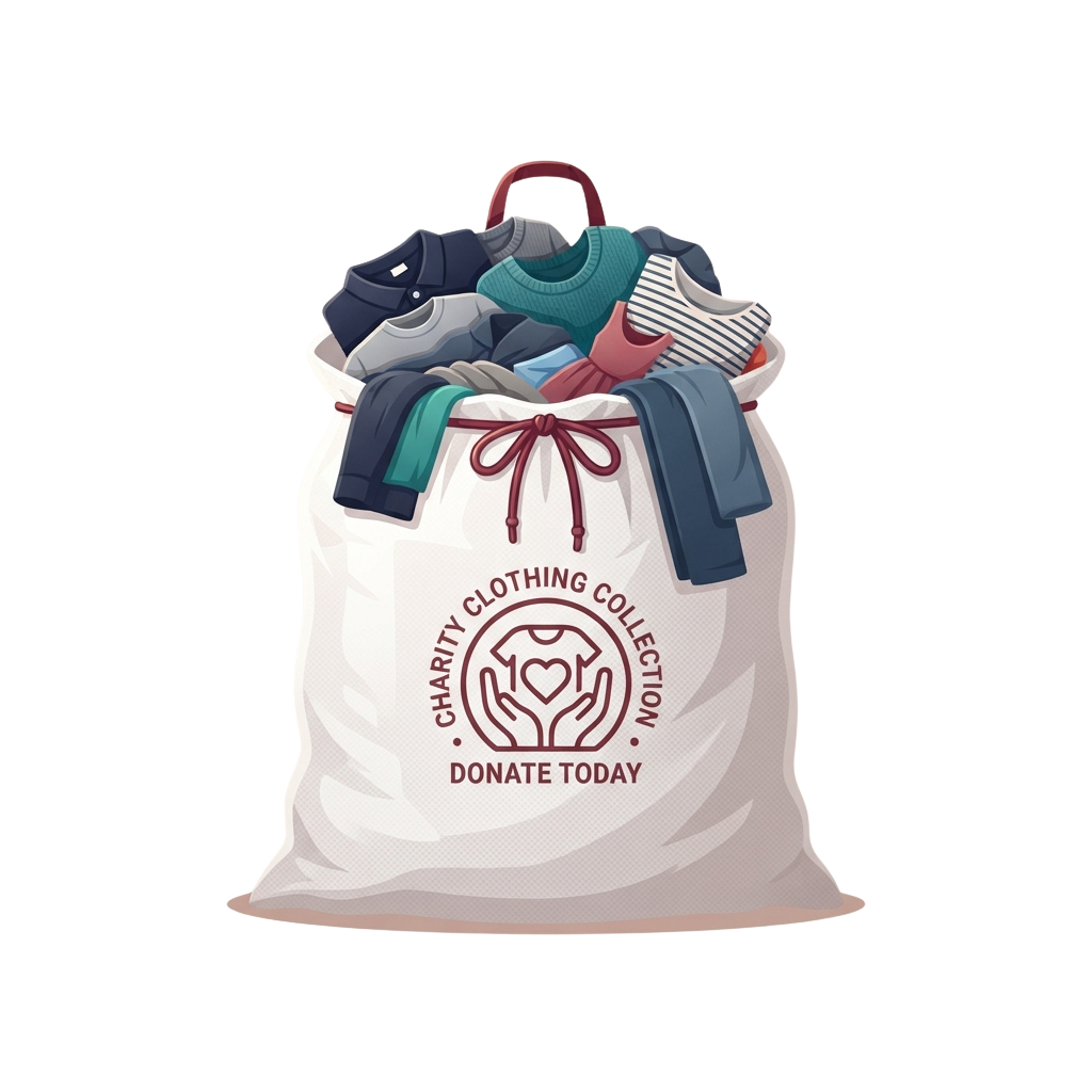 Illustration of a large sack filled with various clothes for charity donation, labeled Charity Clothing Collection Donate Today