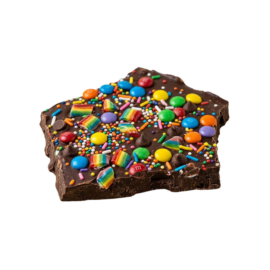 A piece of chocolate bark covered with colorful candy pieces and sprinkles