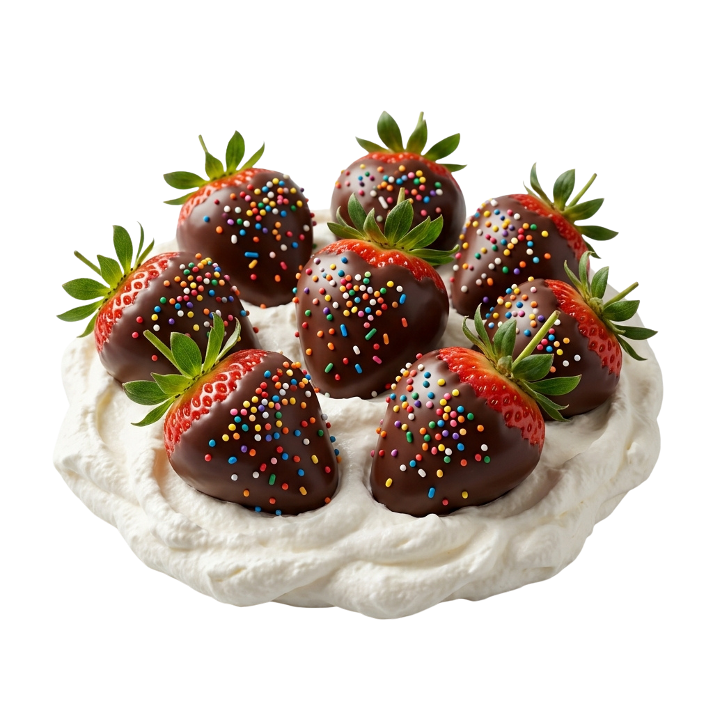 Eight chocolate-dipped strawberries with colorful sprinkles on white frosting cake