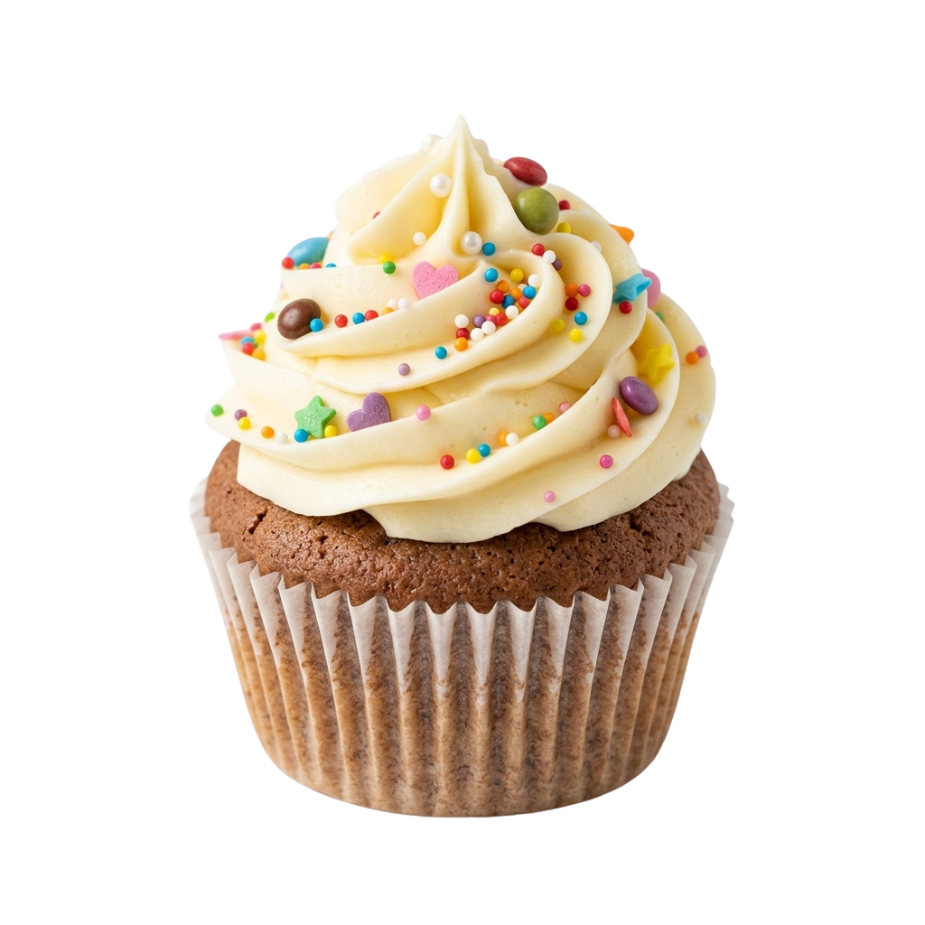 A chocolate cupcake topped with swirled cream frosting and colorful sprinkles in a white paper liner