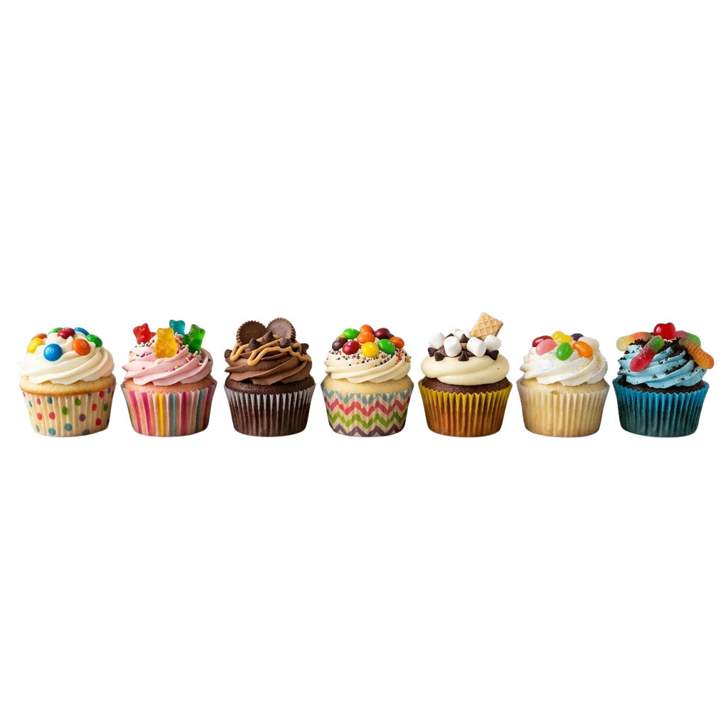 Seven cupcakes with different frosting colors and assorted candy toppings on a black background