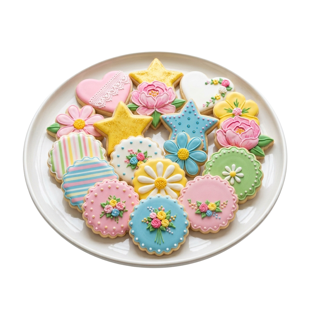 Assorted colorful decorated cookies shaped like flowers and stars on a white plate
