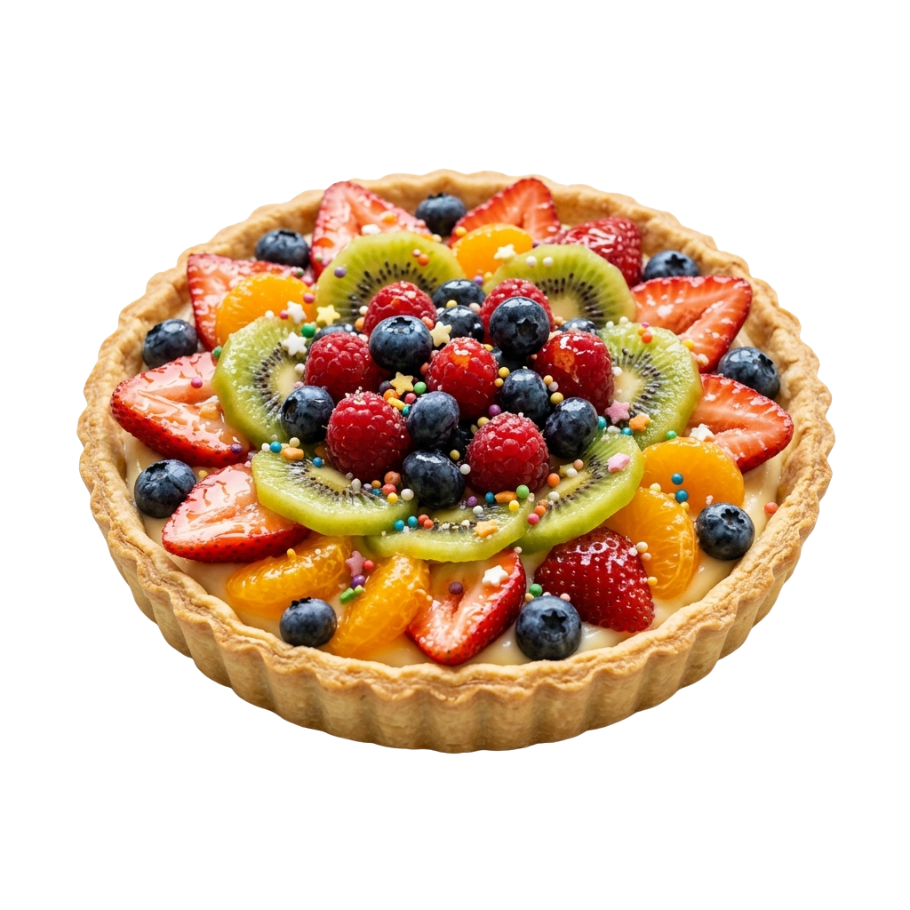 A delicious tart topped with sliced kiwi, strawberries, blueberries, raspberries, and orange segments on a golden crust