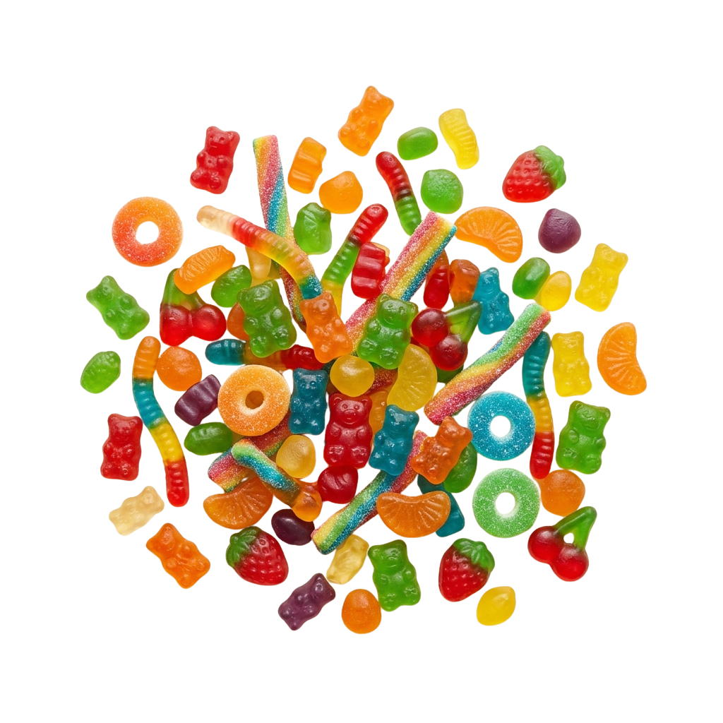 A variety of colorful gummy candies in different shapes and sizes on a dark background