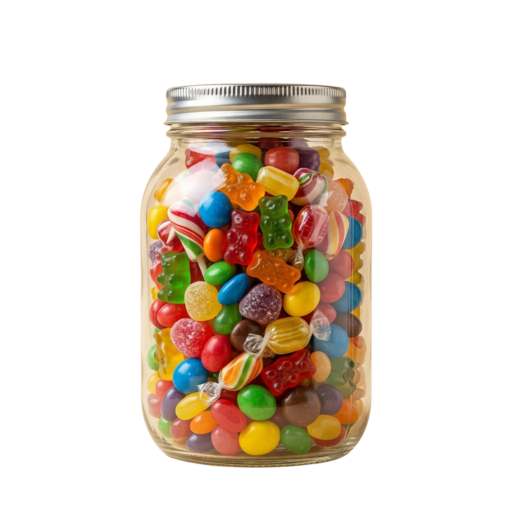 Glass jar filled with a variety of colorful candies and a metal lid