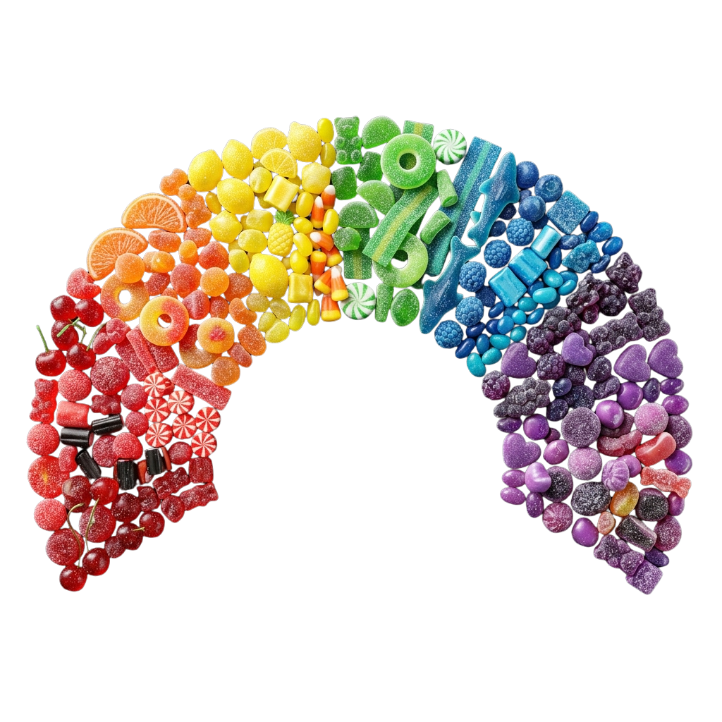 A vibrant rainbow made entirely of various colorful candies arranged in a gradient pattern