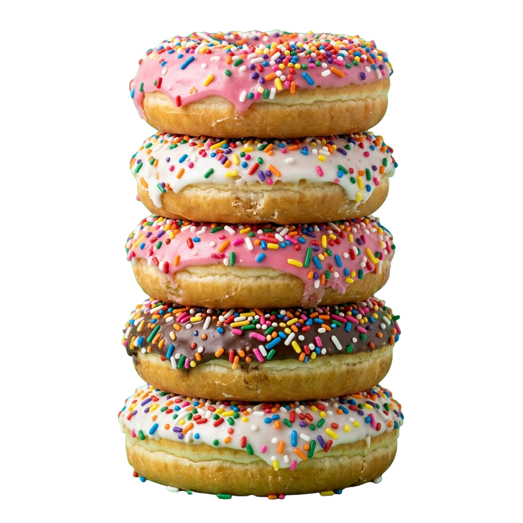 Five donuts stacked vertically, each topped with colorful sprinkles and different glazes.