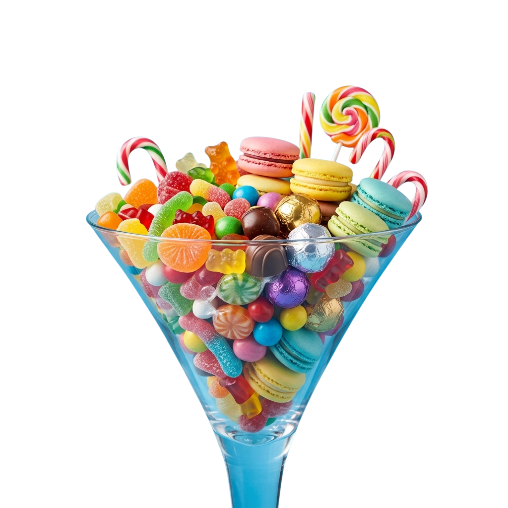 A martini glass filled with assorted colorful candies and candy sticks