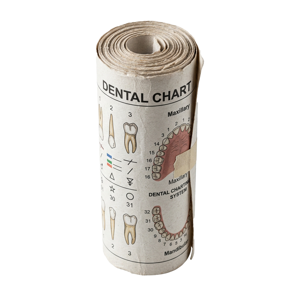 Rolled paper displaying a dental chart with tooth numbering system for maxillary and mandibular arches