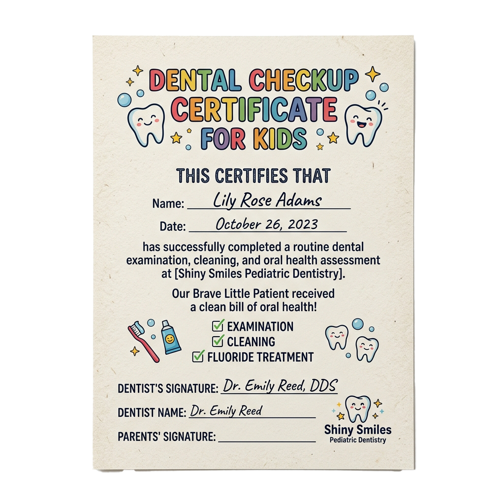 Colorful dental checkup certificate for a child named Lily Rose Adams from a pediatric dentist.