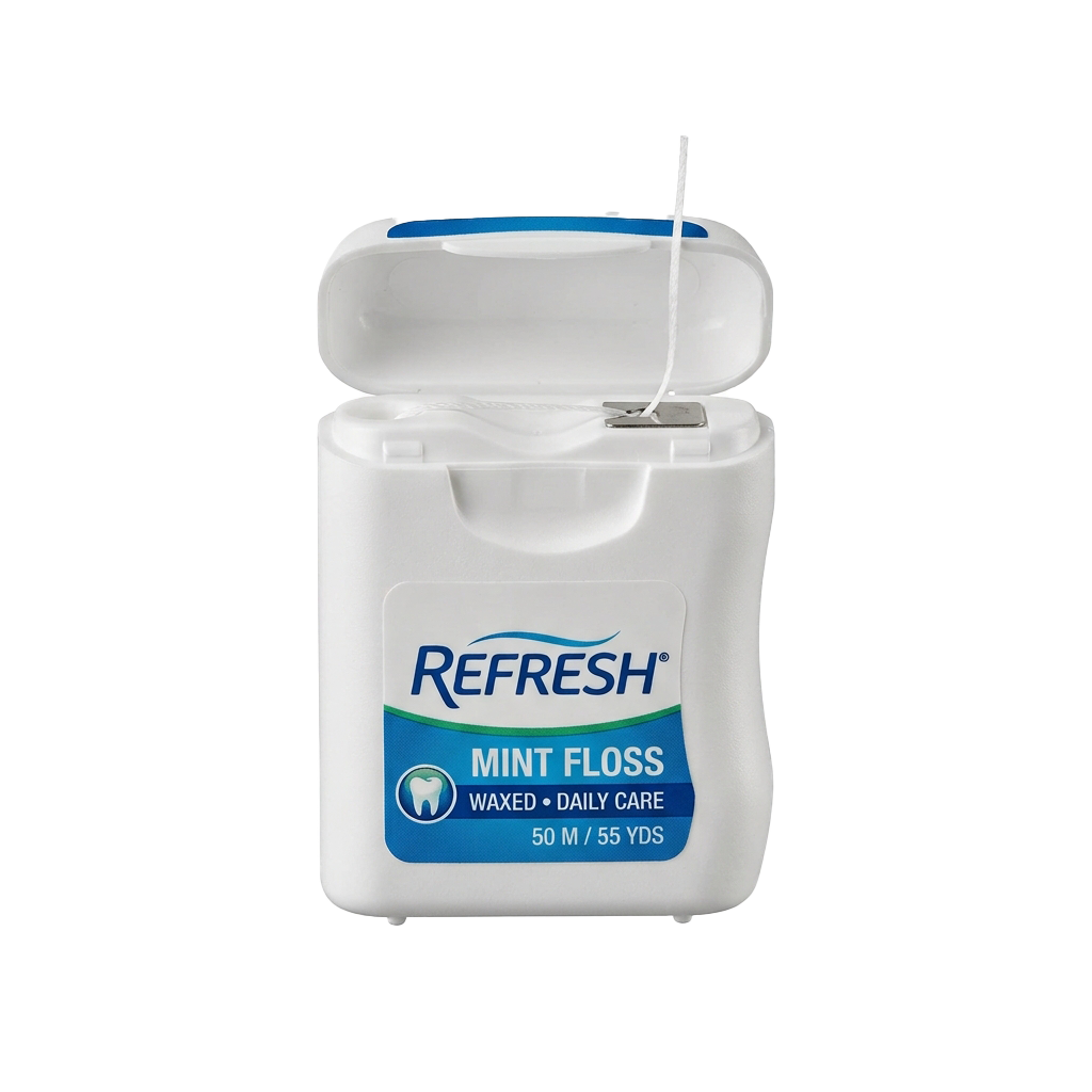 Open container of mint-flavored waxed dental floss with 50 meters or 55 yards length