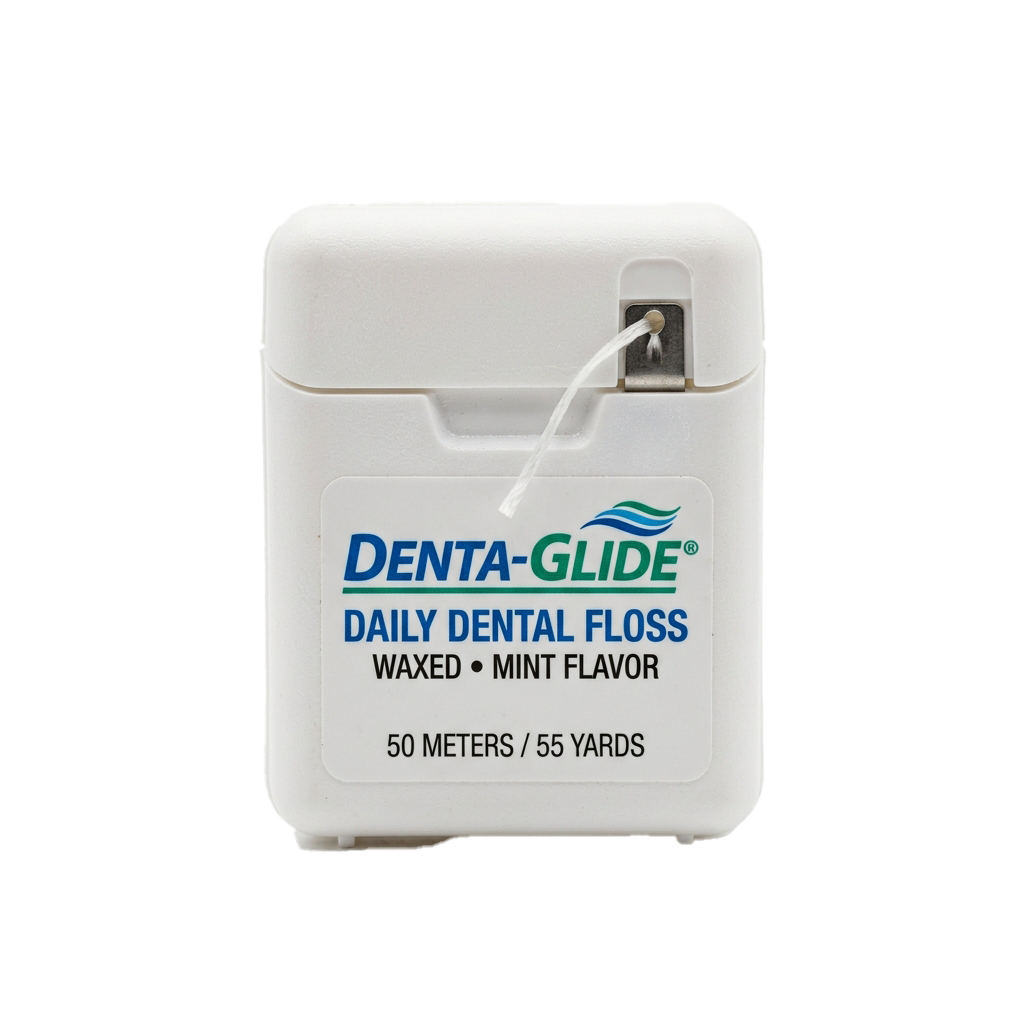 White dental floss container labeled waxed mint flavor with 50 meters length