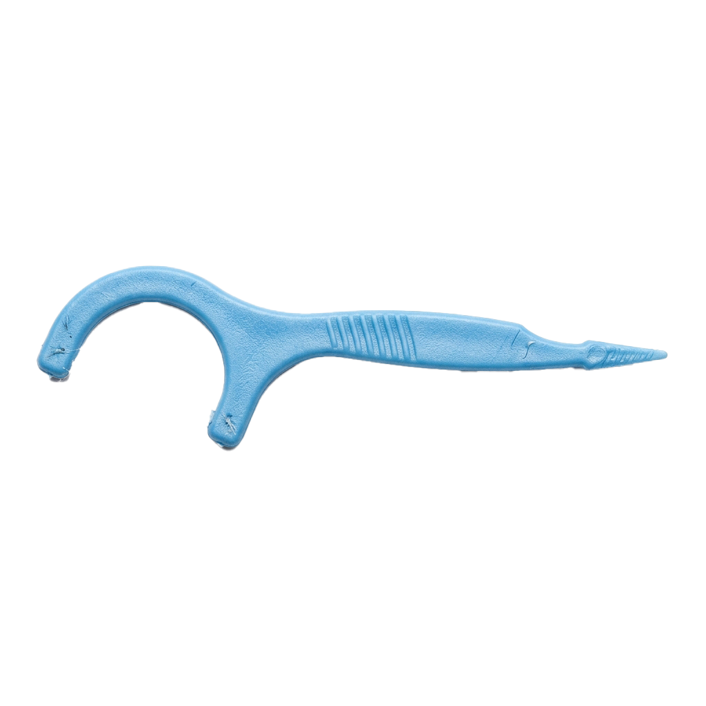 A blue plastic curved toothbrush handle with textured grip and two prongs for attachment