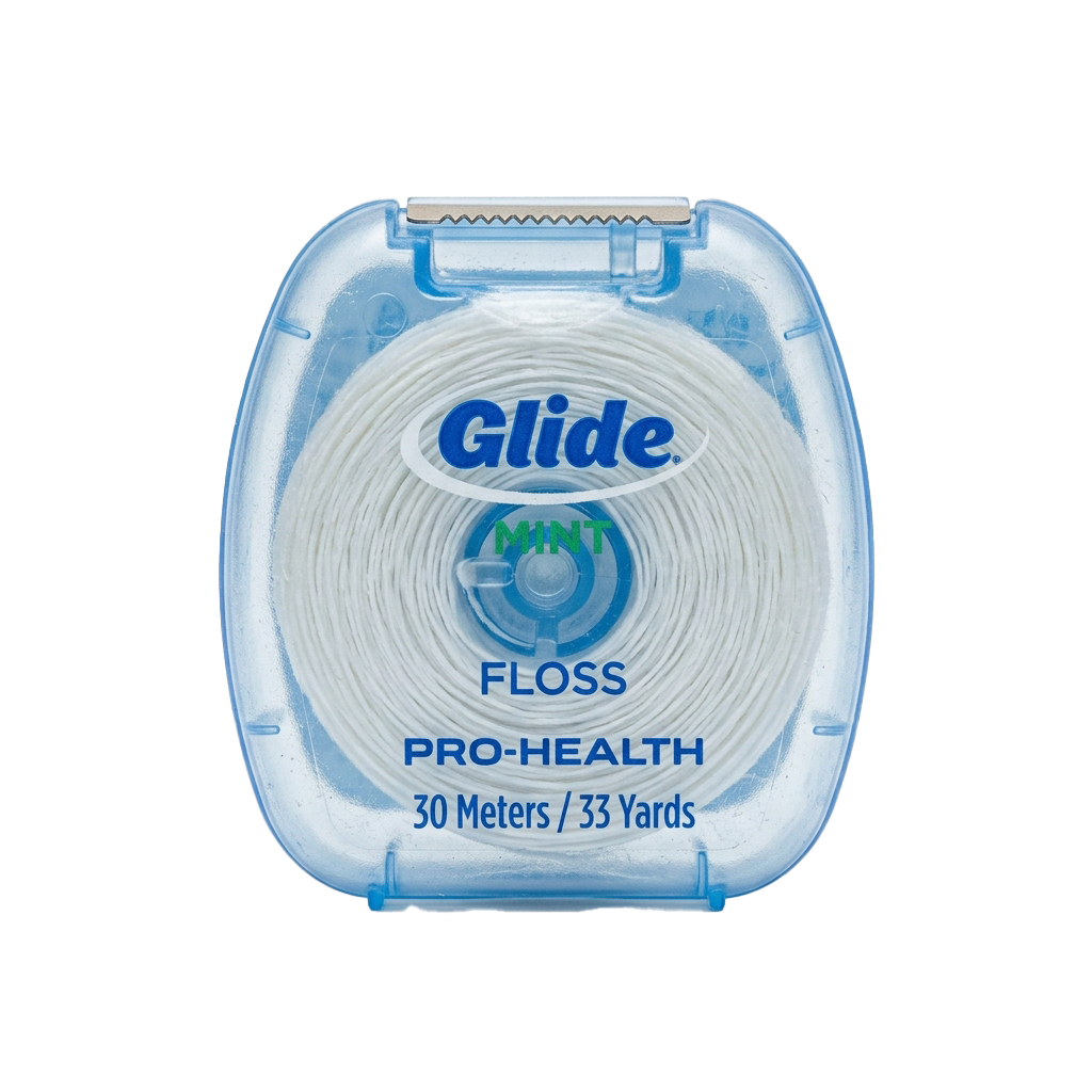 A clear plastic container of mint-flavored dental floss labeled Glide Pro-Health with 30 meters of floss inside
