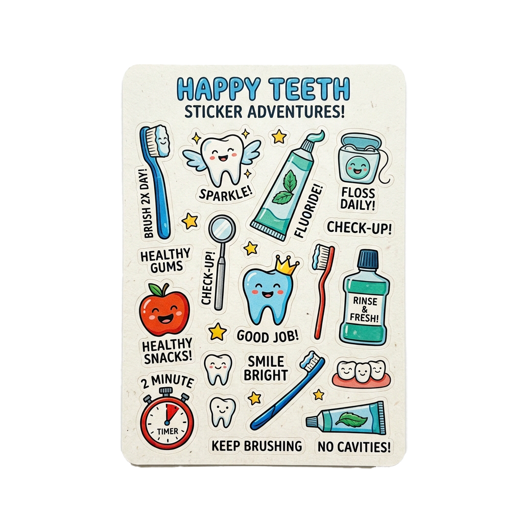 Colorful sticker sheet with dental care tips for children featuring toothbrushes, toothpaste, floss, and healthy snacks