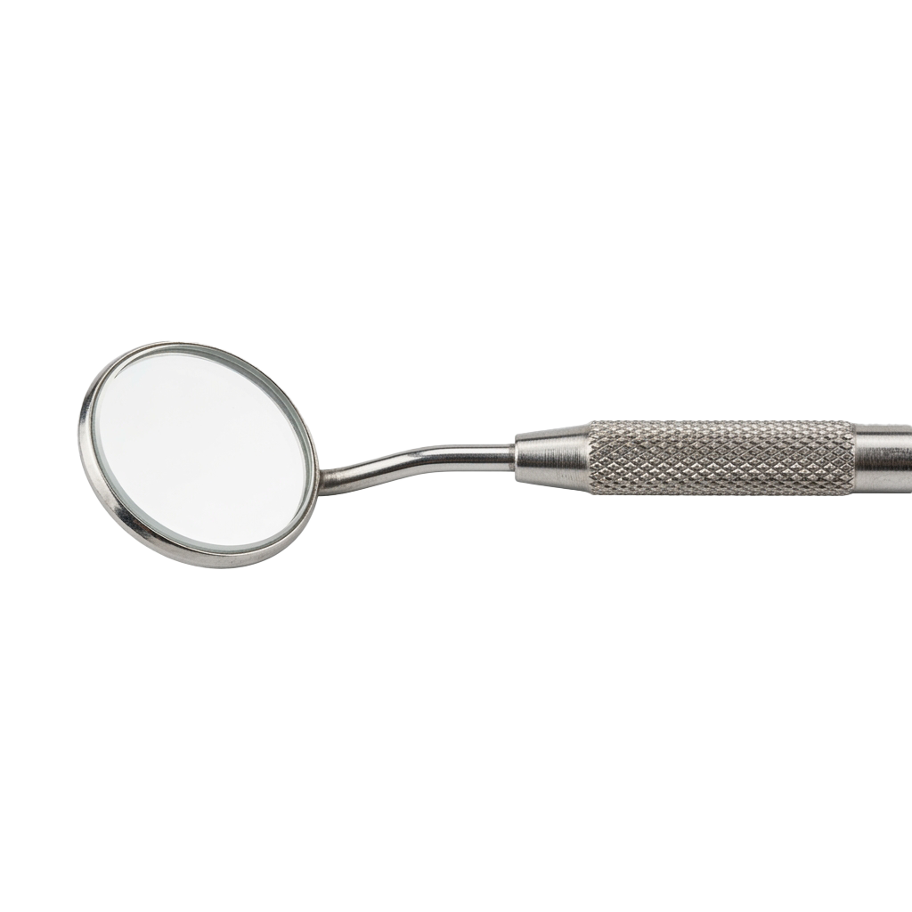 A dental mirror with a round reflective surface and a knurled handle for better grip