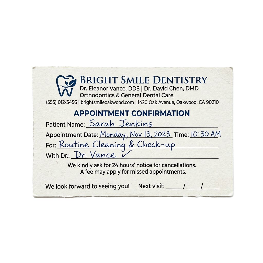 Appointment confirmation card for a dental routine cleaning and check-up on November 13, 2023, at 10:30 AM.