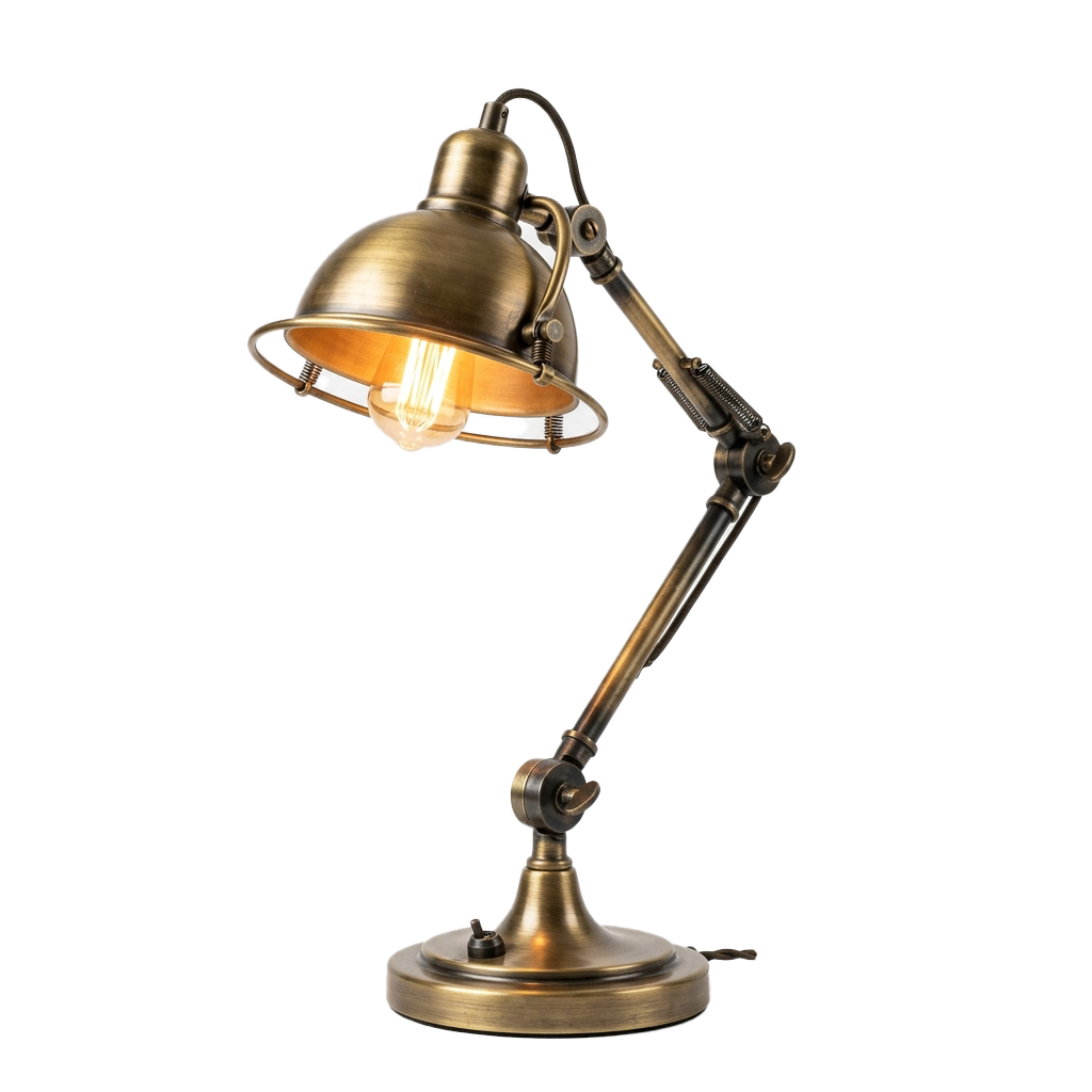 A brass-colored adjustable desk lamp with a dome-shaped shade and flexible arm on a round base.