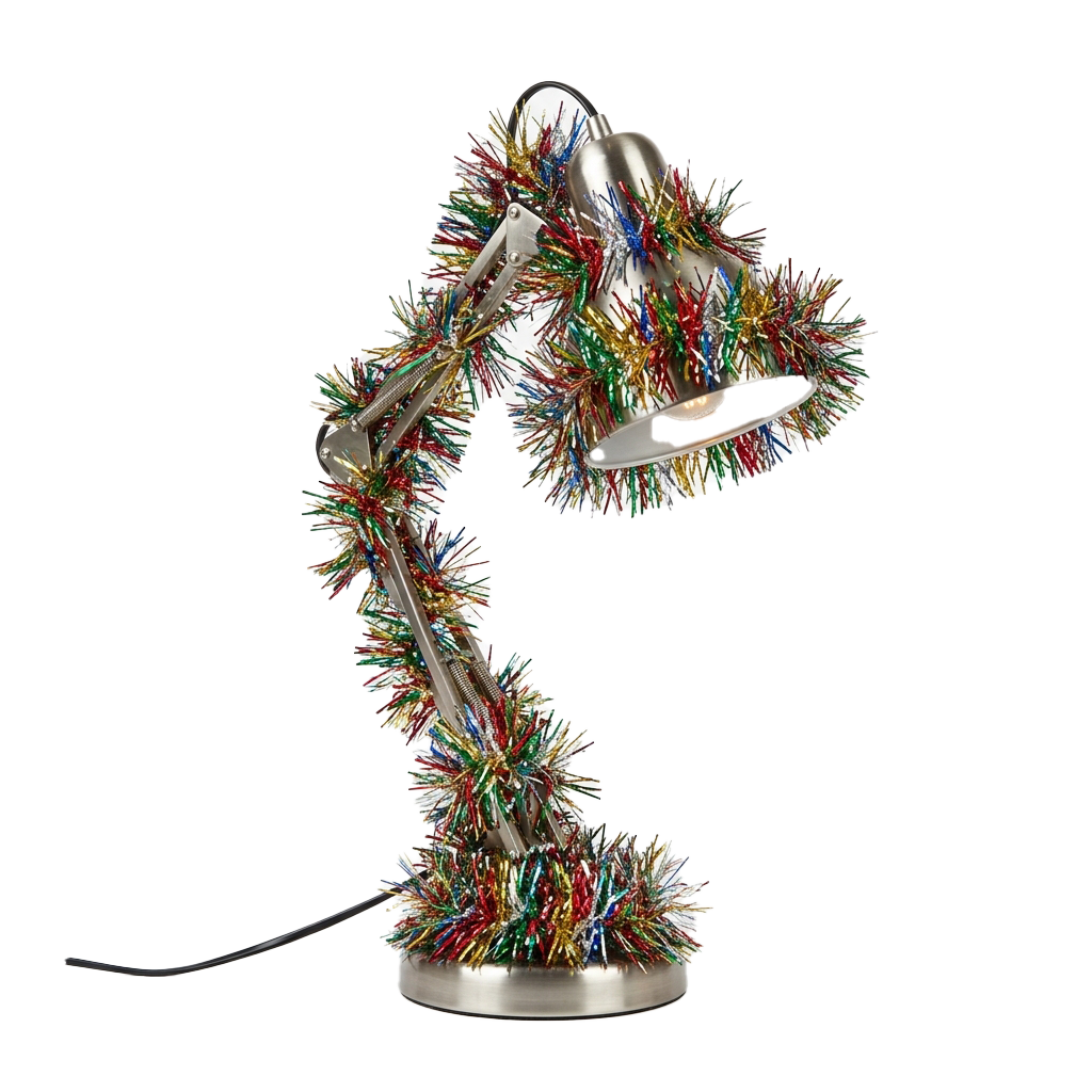 A stylish table lamp with a metallic base and colorful fiber optic strands forming an abstract, organic shape.