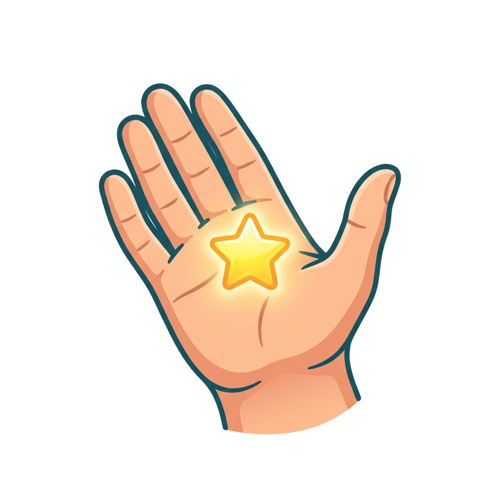 A cartoon hand with a glowing yellow star on the center of the palm