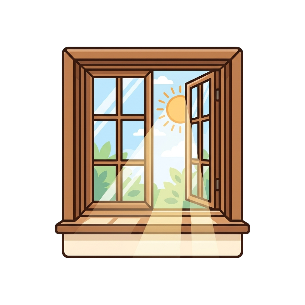 An open window revealing sunlight, a bright sky, and green foliage outside