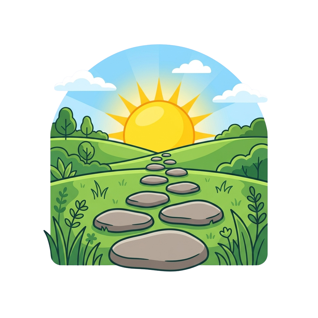 Illustration of a winding stone path in a green meadow leading toward a setting sun with rays and clouds