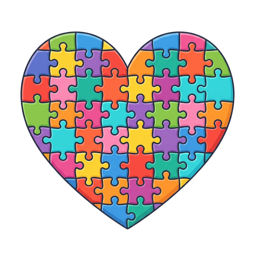 A heart made of interlocking puzzle pieces in bright colors against a black background