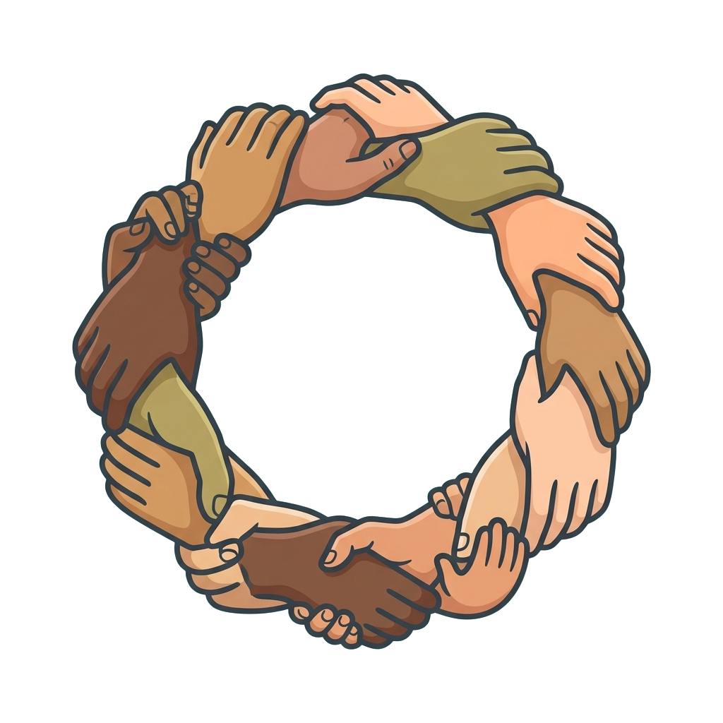 Illustration of six hands of different skin tones joined together in a circle, symbolizing unity and teamwork.