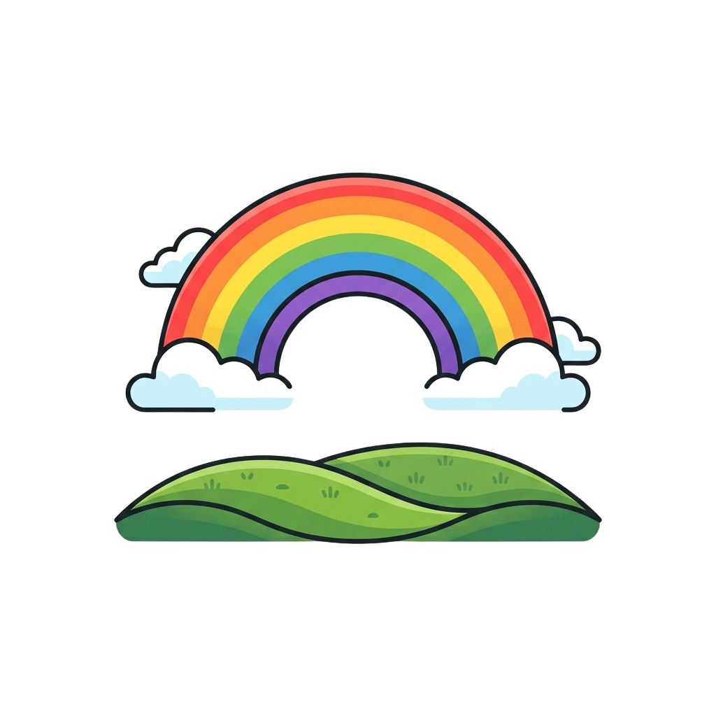 A vibrant rainbow arching between two fluffy clouds over rolling green hills