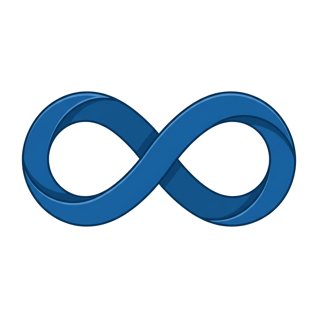 A 3D blue infinity symbol with a smooth, glowing loop effect against a black background