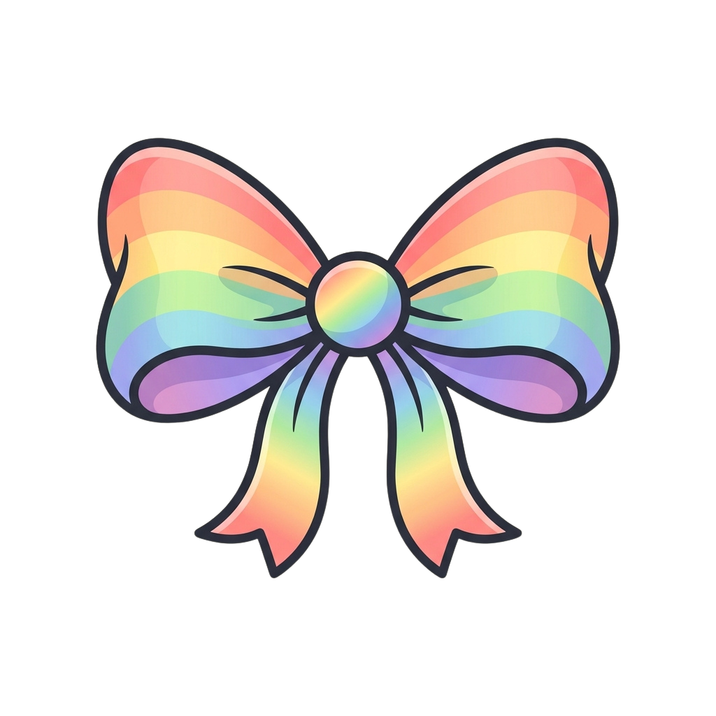 A stylized bow made of rainbow gradient colors with smooth curves and a central decorative knot.