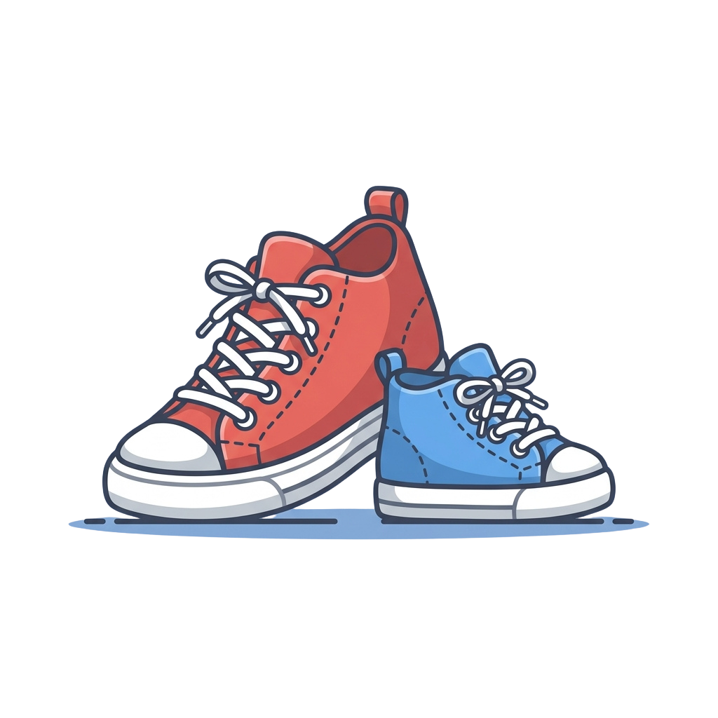 Two cartoon high-top sneakers, one red and one blue, standing side by side on a dark background