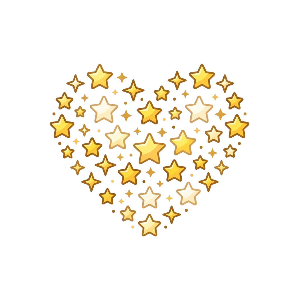 Heart shape made of golden stars and sparkles on a black background