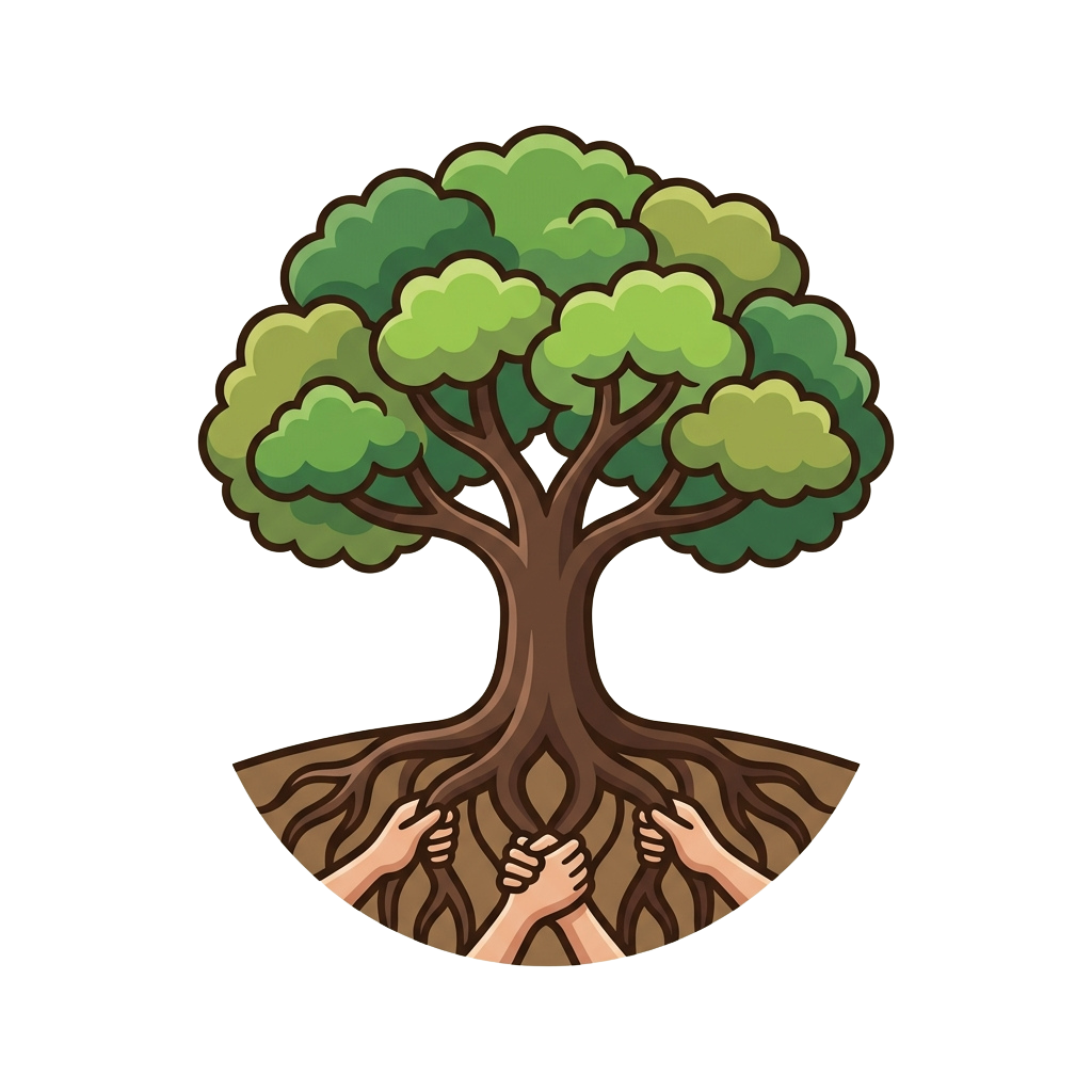 Illustration showing a tree with roots forming hands holding each other underground