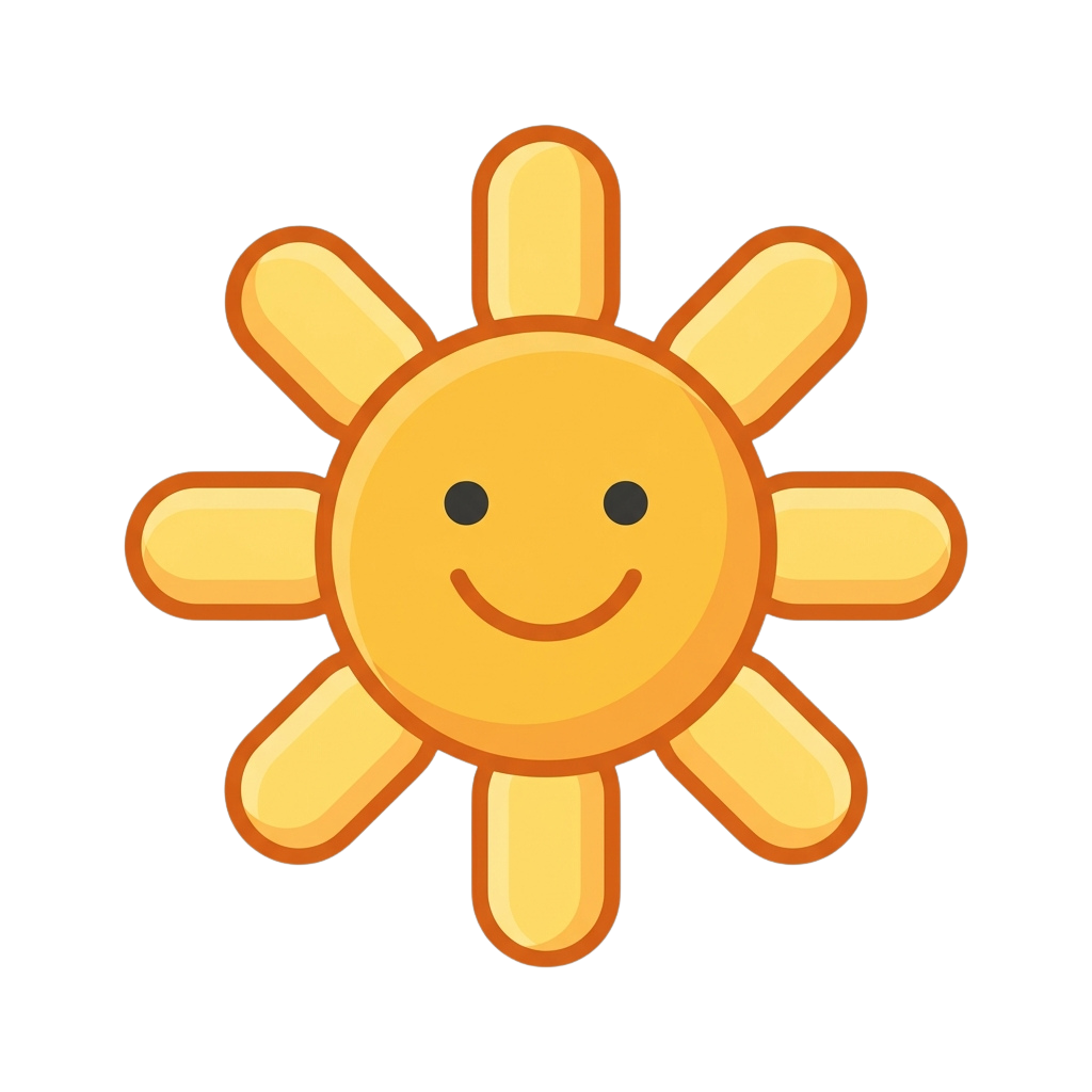 A cheerful smiling sun with eight rays against a black background
