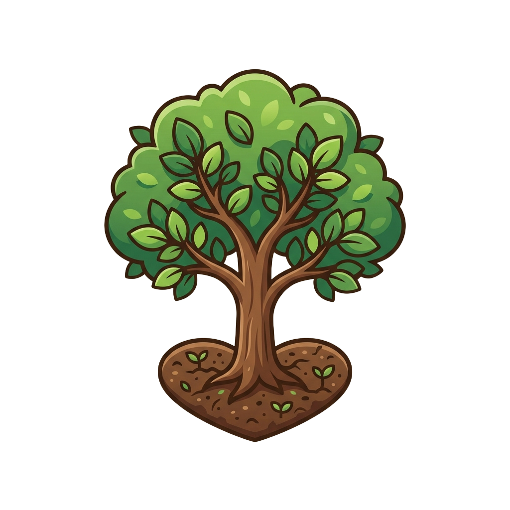 A stylized illustration of a green tree with a brown trunk and roots growing in soil.