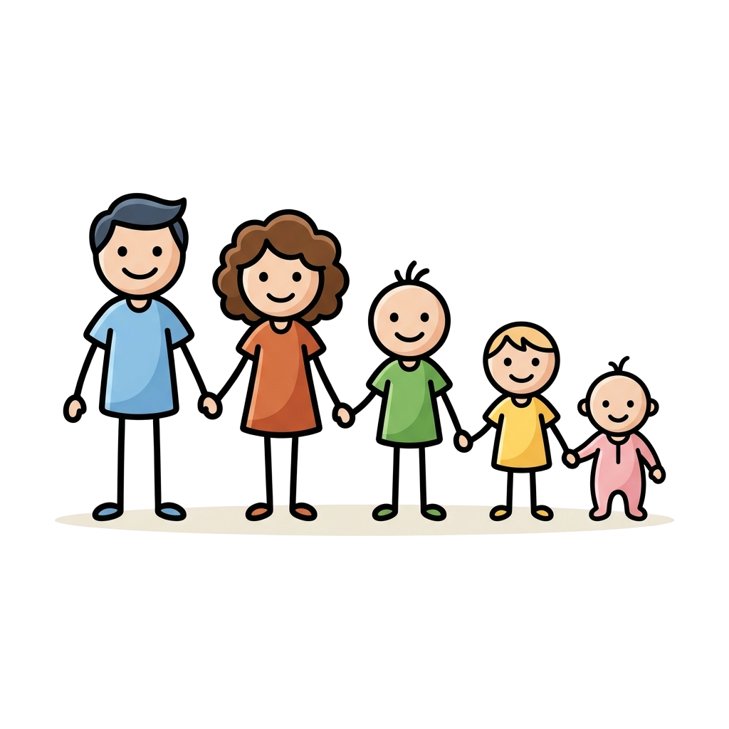 Illustration of a smiling family of five standing together