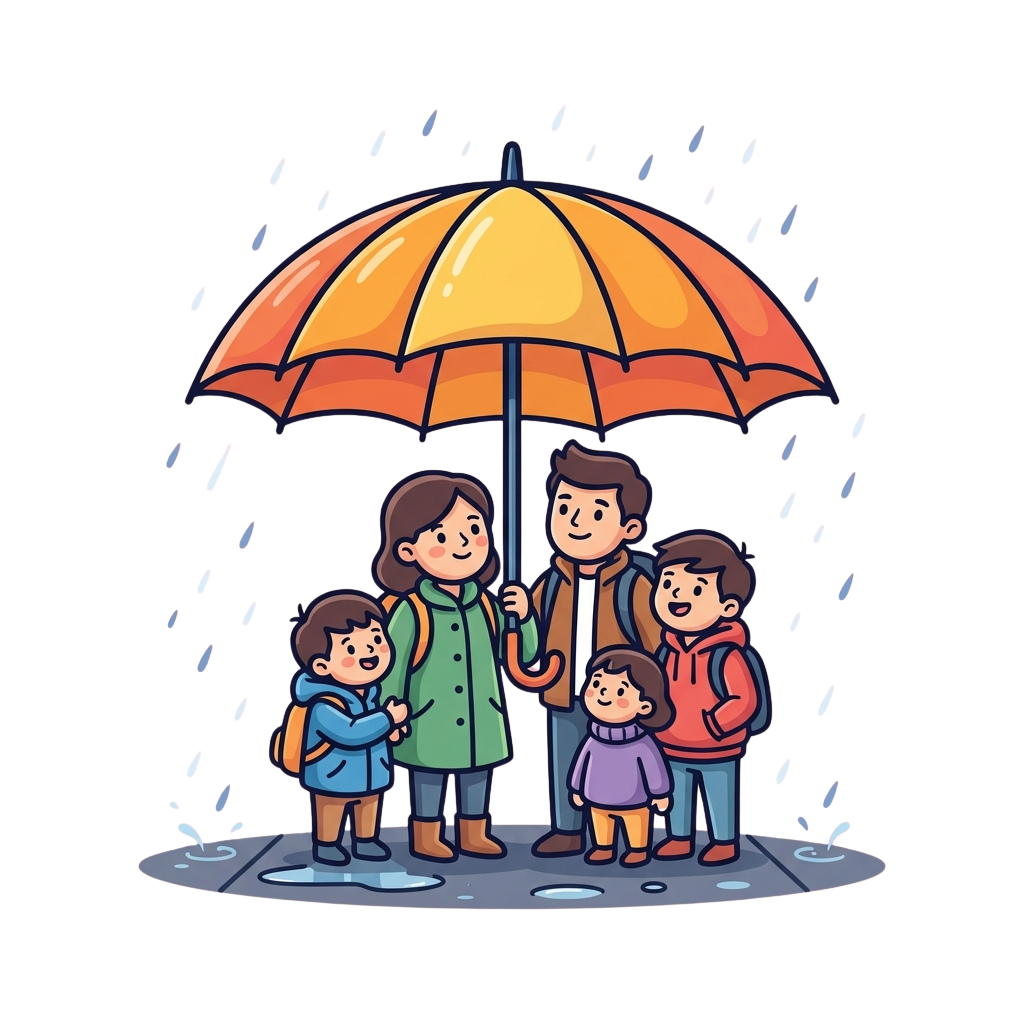 A family of four standing under an orange umbrella in the rain, smiling and staying dry together